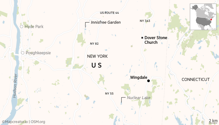 Mapa que muestra las ubicaciones de Wingdale, Dover Stone Church, Innisfree Garden y Nuclear Lake en el estado de Nueva York