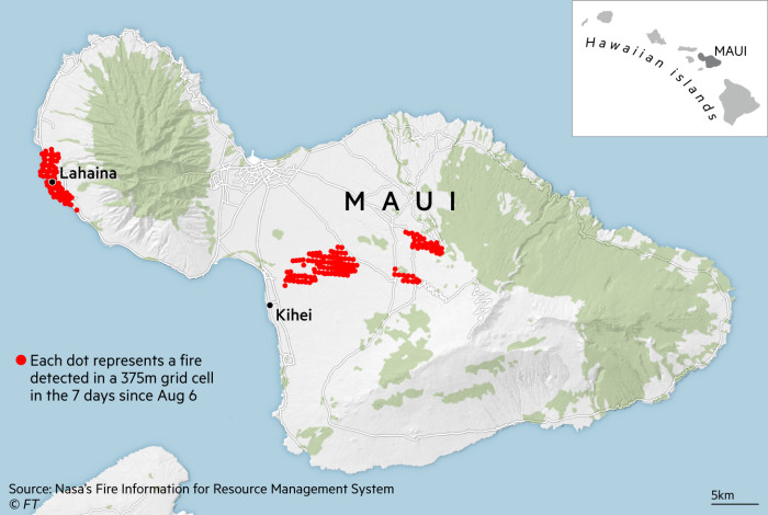ہوائی جزیرے ماوئی پر جنگل کی آگ کو ظاہر کرنے والا نقشہ