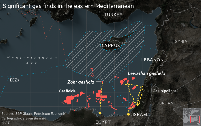 Significant gas finds in the eastern Mediterranean. Map showing gasfields in the the eastern Mediterranean