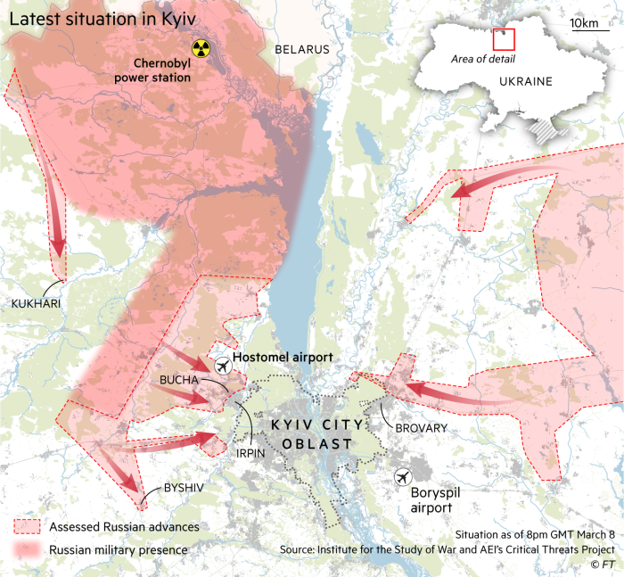 러시아 군대가 수도로 진격하는 키예프의 최신 상황을 보여주는 지도