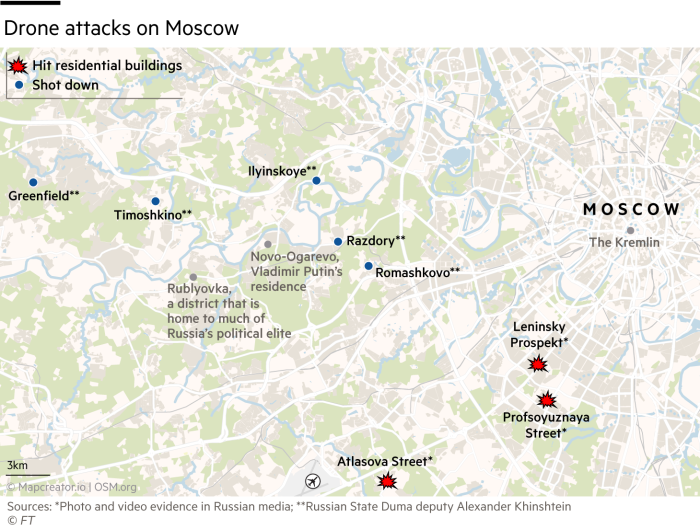 Map showing drone attacks on Moscow