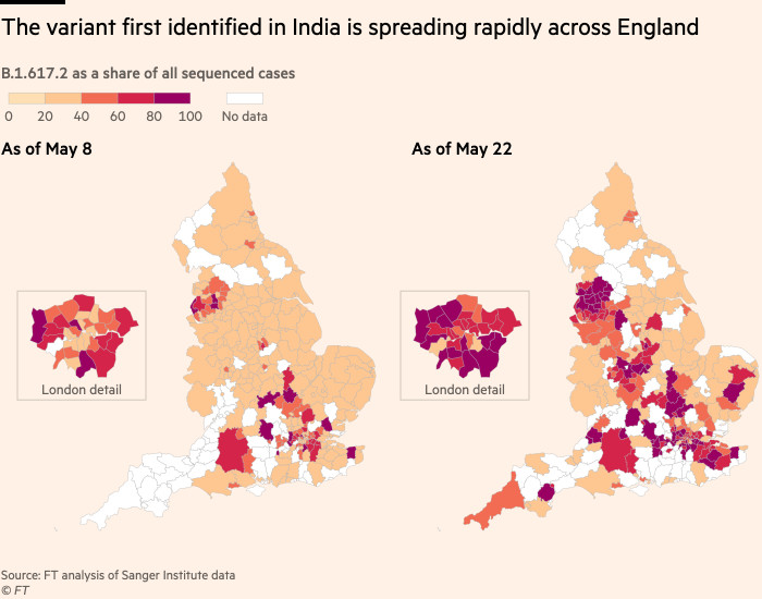 Karte, die zeigt, dass sich die erstmals in Indien identifizierte Variante schnell in ganz England verbreitet