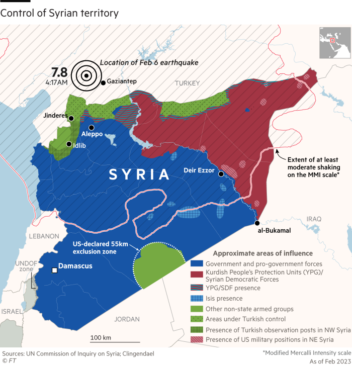 Map showing control of Syria and location of Feb 6 earthquake with zone of moderate shaking