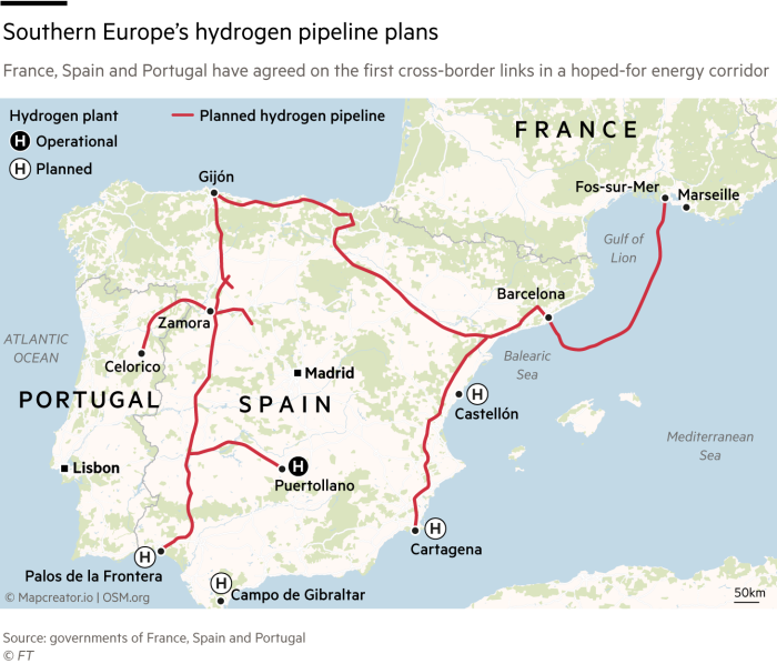 Map showing Southern Europe’s hydrogen pipeline plans – France, Spain and Portugal have agreed on the first cross-border links in a hoped-for energy corridor
