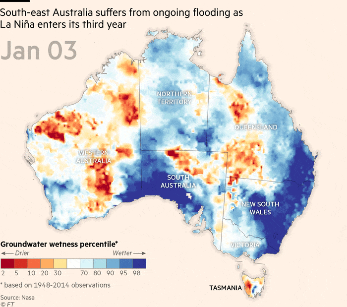 يعاني جنوب شرق أستراليا من فيضانات مستمرة مع دخول ظاهرة النينيا عامها الثالث.  رسم متحرك لخريطة يُظهر النسبة المئوية لرطوبة المياه الجوفية في أستراليا.  سجلت الكثير من مناطق فيكتوريا ونيو ساوث ويلز مستويات في النسبة المئوية 98 في أكتوبر ونوفمبر