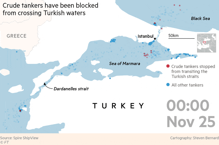 Crude tankers have been blocked from crossing Turkish waters. Map animation showing tankers passing through the Bosphorous since November 25, except for 19 vessles which have been blocked