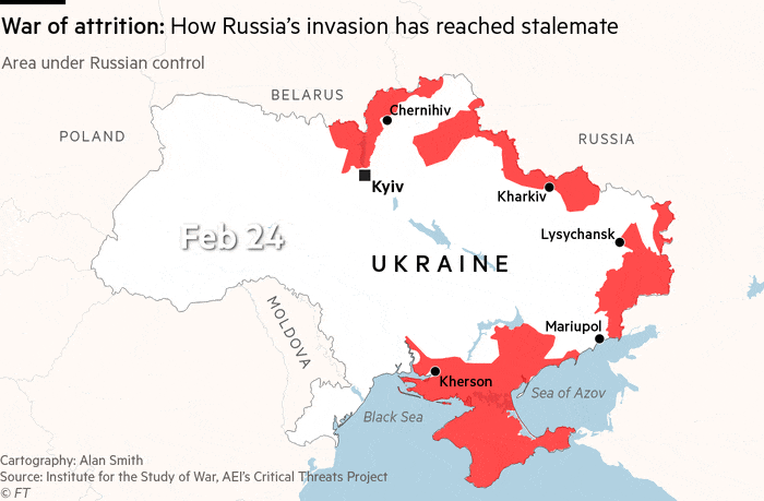 Peta animasi menunjukkan kawasan Ukraine di bawah kawalan Rusia melalui enam bulan perang.  Tumpuan Rusia telah beralih ke timur, dengan pencerobohan mencapai kebuntuan dalam beberapa minggu kebelakangan ini