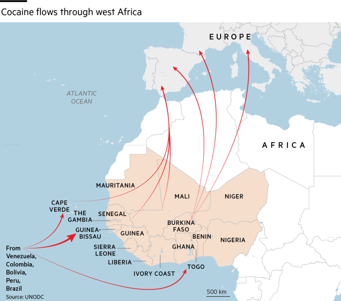 Cocaine flows from West Africa to Europe map, 2020