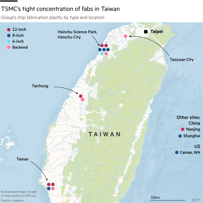 Map showing TSMC’s tight concentration of fabs in Taiwan – Group’s chip fabrication plants, by type and location