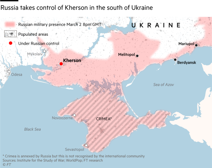Map of southern Ukraine showing Russian military presence and major cities.  Kherson fell under Russian control on Mar 3