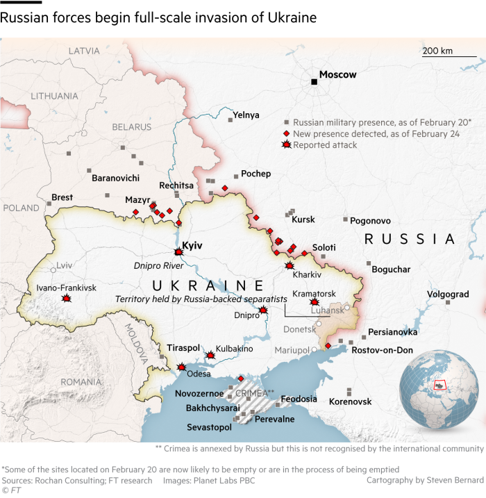 Map showing military presence and attacks on Ukraine as Russia launches full-scale attack