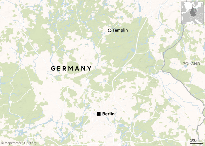 Map showing where Templin is located in Germany in relation to Berlin