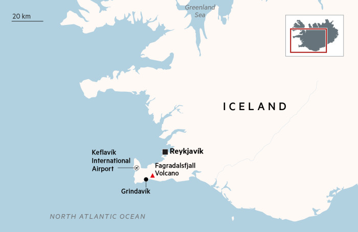 Locator map of Iceland pinpointing the Fagradalsfjall volcano nearby town of Grindavik, capital Reykjavik, and Keflavik International Airport 