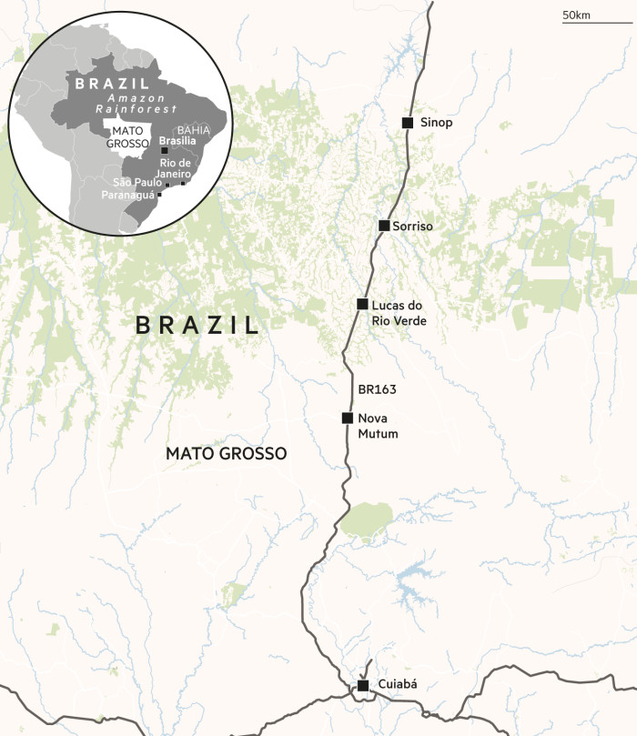 Mapa de Brasil que muestra la ruta BR163