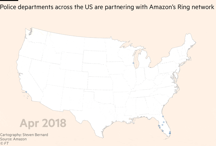 Police departments across the US are partnering with Amazon’s Ring network. Animation on map of US showing total number of police departments that have joined, by state since 2018