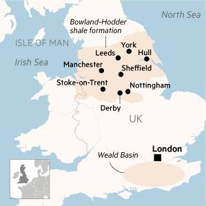 UK map showing the location of Carboniferous Bowland-Hodder shale study area and Jurasic Weald Basin
