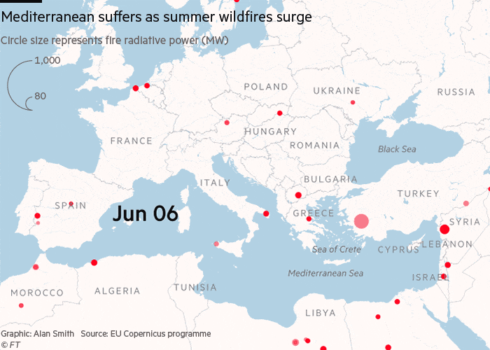 An animated map showing the wildfires in the Mediterranean in the summer of 2021.Starting in late July, fires in Italy, Turkey, Greece and Algeria have surged
