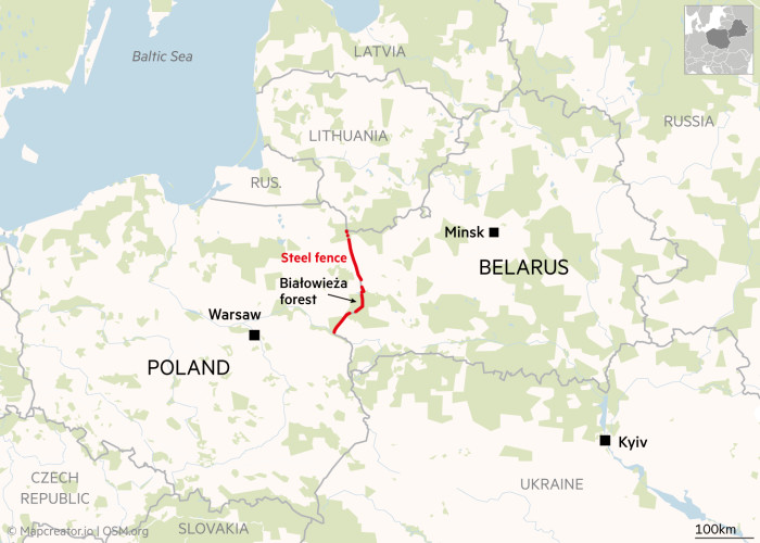 Map showing the site of the 186 km border fence that Poland has built on its border with Belarus