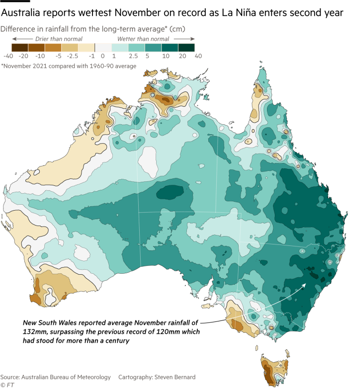 Map showing difference in rainfall from the long-term average (cm)