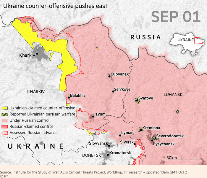 Map animation showing Ukrainian counter-offensive in the north east of the country since September 1