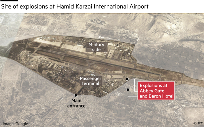 Map showing site of explosions at Hamid Kazai International Airport