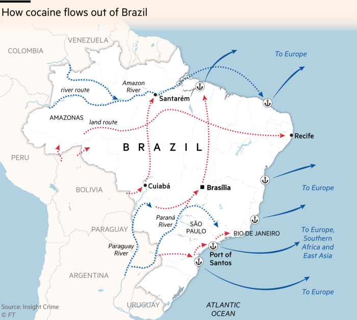 Map show the flow of cocaine out of Brazil