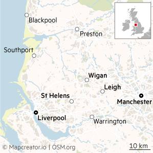 A map showing the locations of Leigh, Wigan, St Helens in north west England