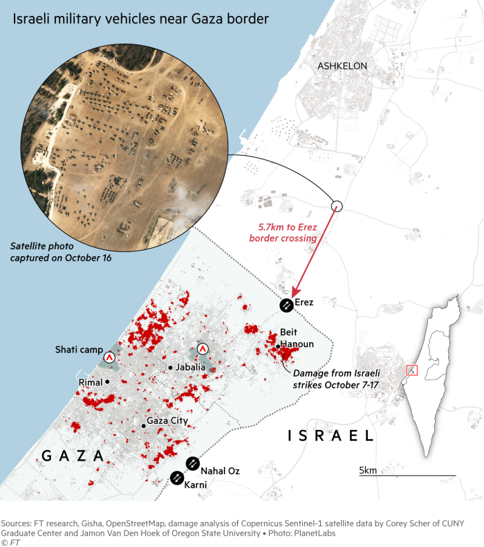 Map showing northern Gaza and proximity of Israeli troops to the border