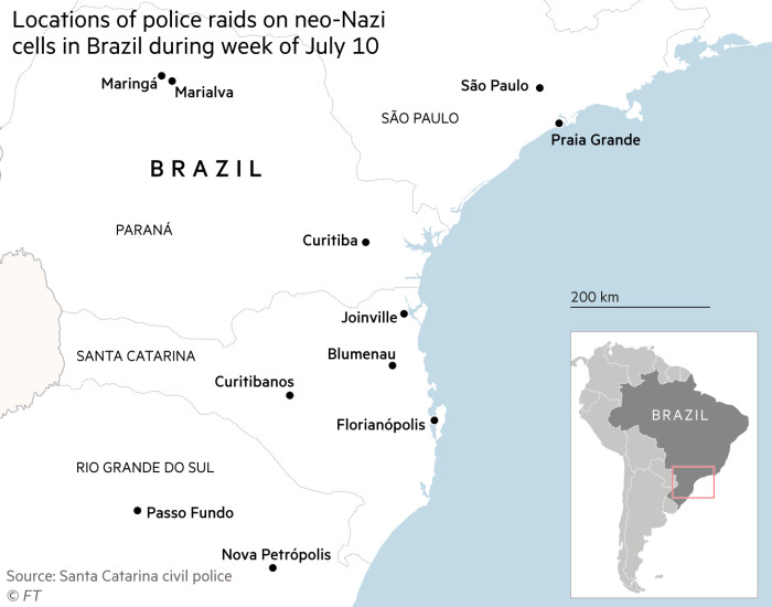 Map showing locations of police raids on neo-Nazi cells in Brazil during week of July 10, 2023