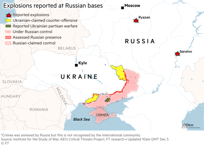 Map showing the latest state of affairs in Ukraine, including Ukrainian territory occupied by Russia.  Two explosions were reported at Russian bases in Ryazan and Saratov