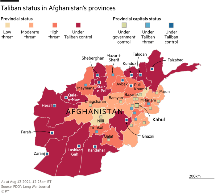 Map of status of Taliban in Afghanistan’s provinces, Aug 13