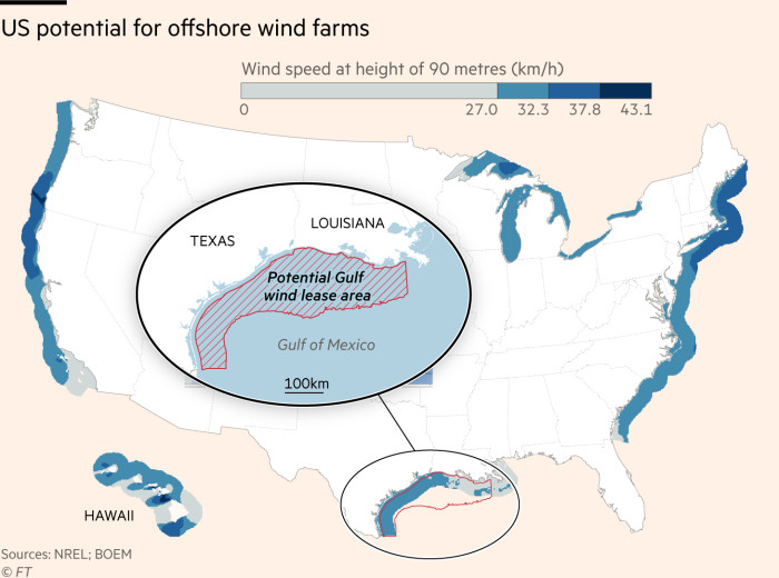 Map showing wind speed at height of 90 metres (kmh) around US coast including inset map of Gulf of Mexico showing location of potential Gulf  wind lease area