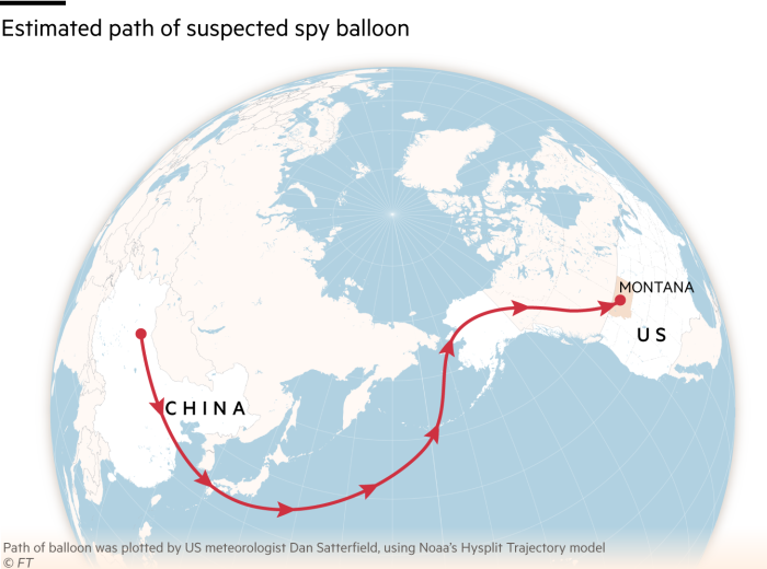 Karte mit der geschätzten Flugbahn des chinesischen Spionageballons, der Anfang dieser Woche über Montana in den USA gesichtet wurde