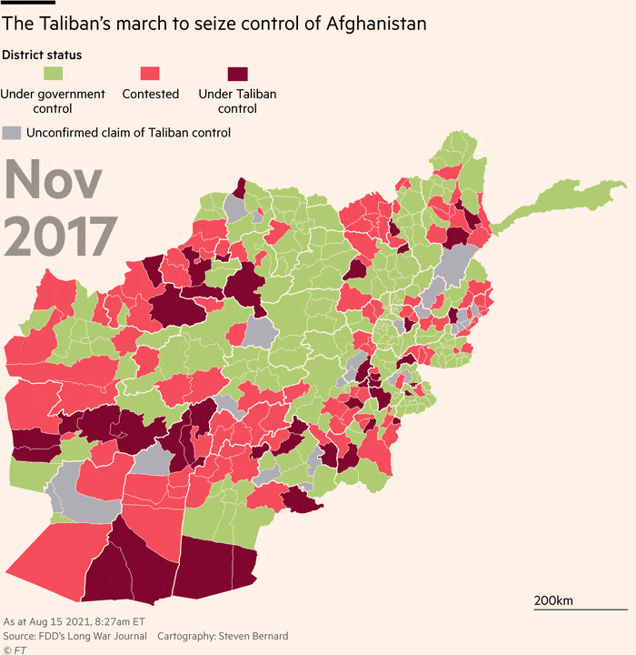 Una mappa che mostra la marcia dei talebani per prendere il controllo dell'Afghanistan