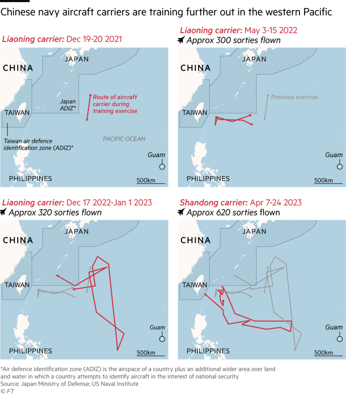 Maps showing that Chinese navy aircraft carriers are training further out in the western Pacific