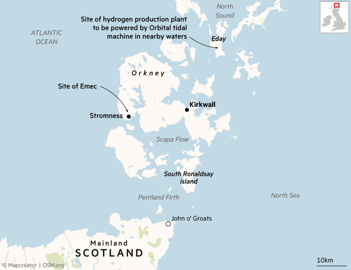 Main of Orkney, Scotland showing site of hydrogen production plant to be powered by Orbital tidal machine in nearby waters