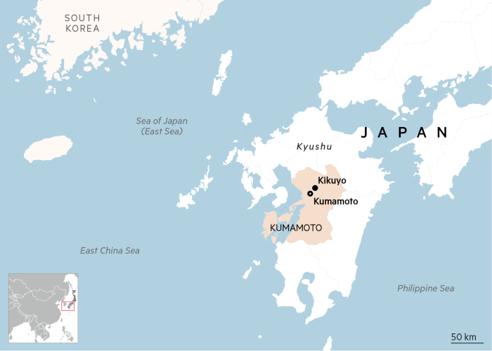 Map of Kumamoto prefecture in Japan
