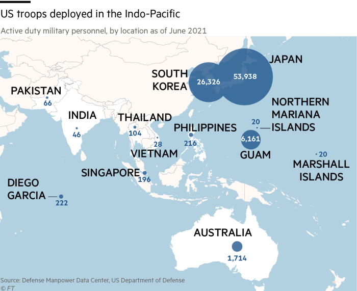 Map showing number of US troops deployed in the Indo-Pacific