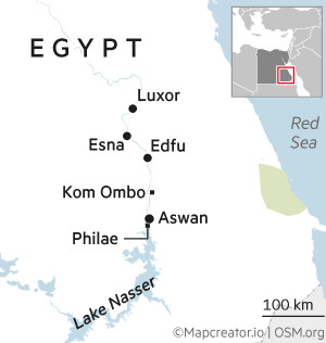 Map showing key temple locations along the Nile