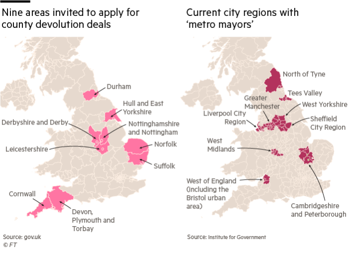 Two maps showing: Nine areas invited to apply for county devolution deals and current city regions with 'metro mayors'