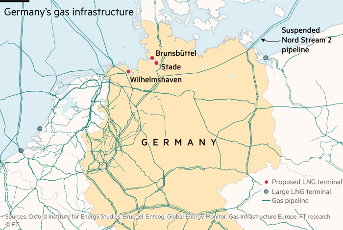 Map showing gas infrastructure in Germany and planned LNG terminals at Stade, Wilhelmshaven and Brunsbüttel.
