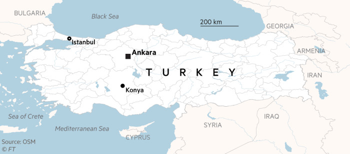 A map of Turkey showing the location of Konya near the centre, south of Ankara and South East of Istanbul