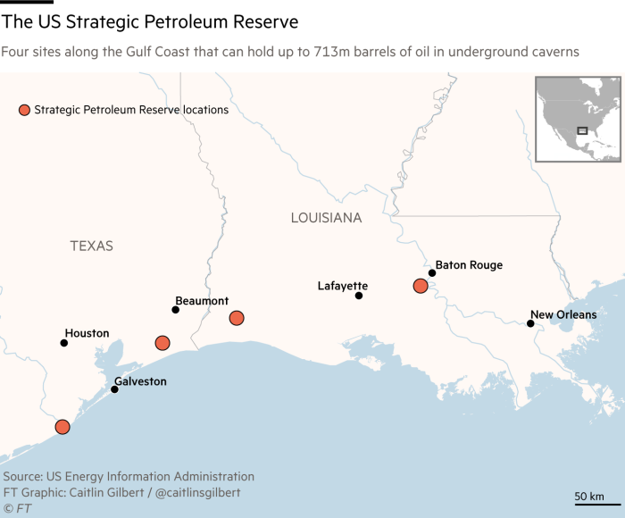 Locator map showing the Gulf Coast region in the US with the locations of the US Strategic Petroleum Reserves highlighted in orange circles along the Texas/Louisiana coasts. Major cities like New Orleans and Houston are also labeled.