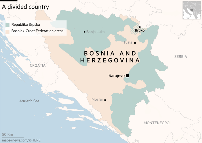 Bosnia and Herzegovina map showing the Bosniak-Croat Federation and Republika Srpska areas 