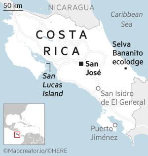 Map showing Costa Rica, including Selva Bananito ecolodge, San Lucas Island, and the capital San Jose