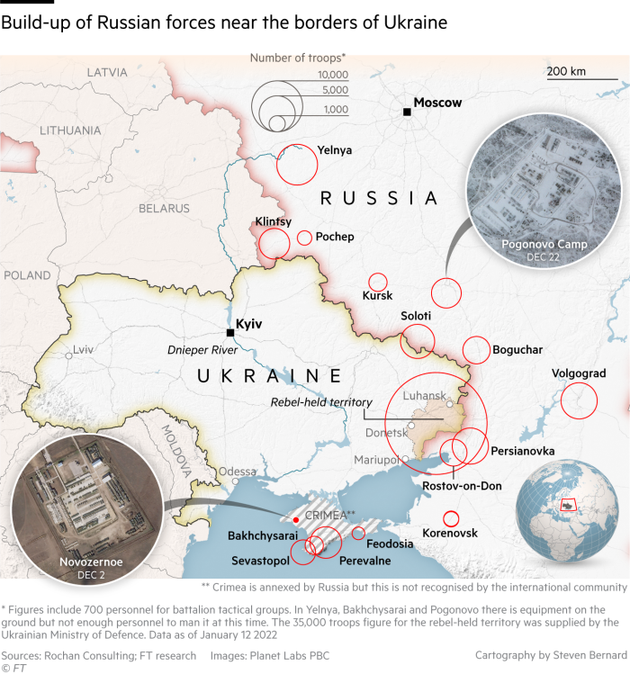 A map showing the build up of Russian forces on the borders of Ukraine as at January 12th 2022