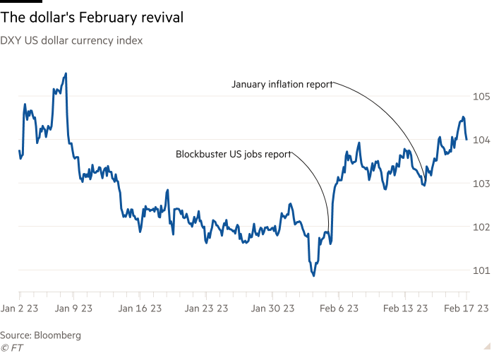 Gráfico de líneas DXY del índice de divisas del dólar estadounidense que muestra el rebote del dólar en febrero