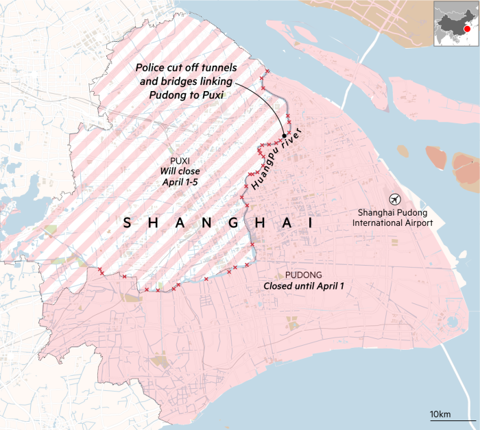 Map showing Pudong and Puxi districts in Shanghai