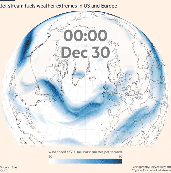 Map animation showing the undulating jet stream pattern in the Northern Hemisphere that has fueled extreme weather in the US and Europe