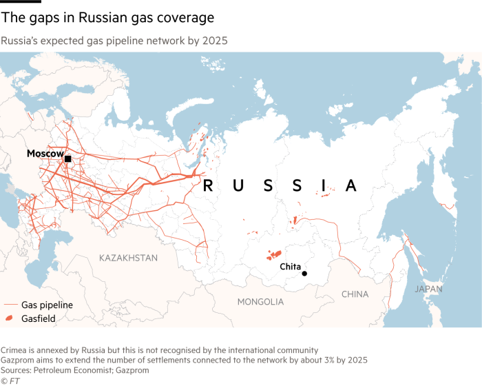 Пробелы в газовом покрытии России.  Карта, показывающая газопроводную сеть, которую Россия ожидает к 2025 году